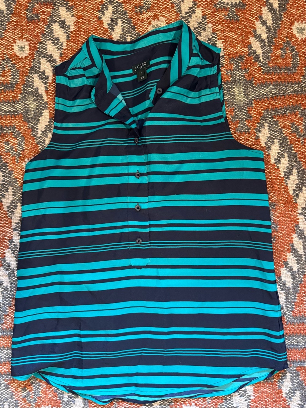 J. Crew Teal and Navy Striped Sleeveless Button-Front Camisole